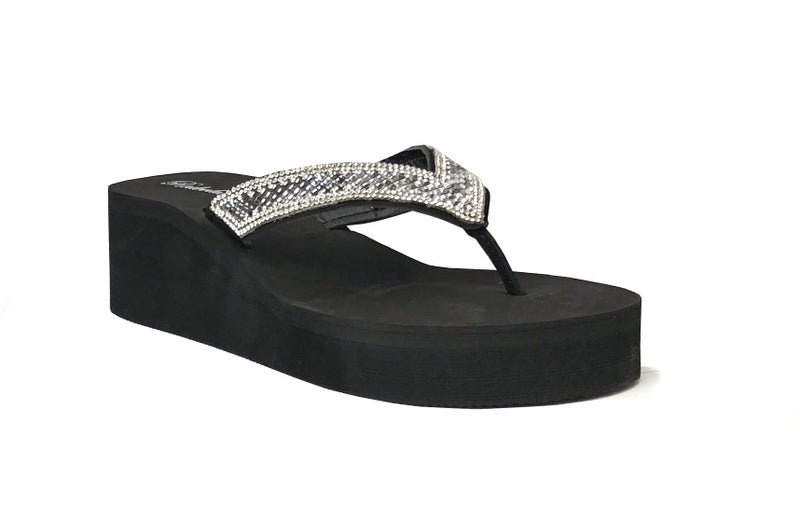 REDVOLUTION New Women's Rhinestone Sandals Platform T-Strap Jewel Sandals High Wedge Flip Flops (Crystal [Black], Numeric_8) - Image 3